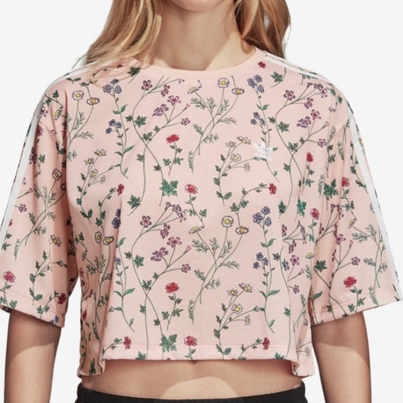ADIDAS wildflower crop top XS peach multicolor floral short sleeve boxy t-shirt - Picture 12 of 15